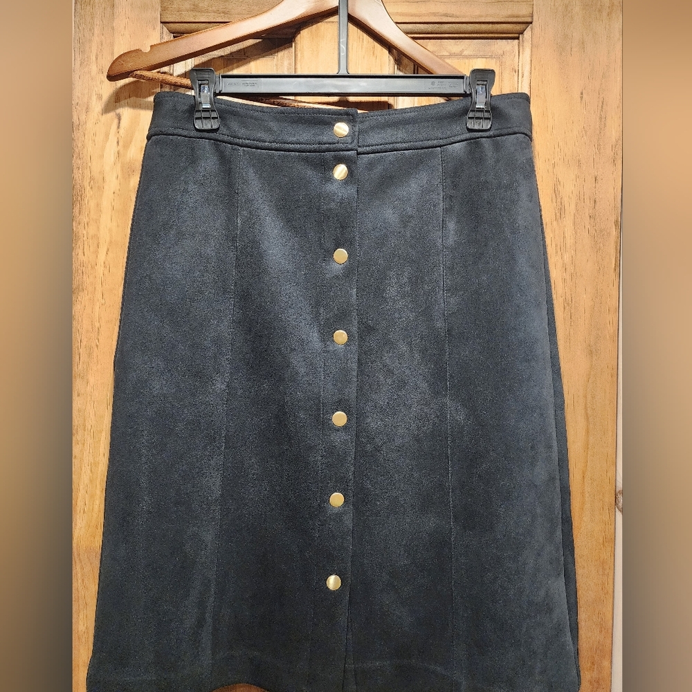 Loft Black Button-Front A-Line Faux Suede Skirt - Picture 2 of 4